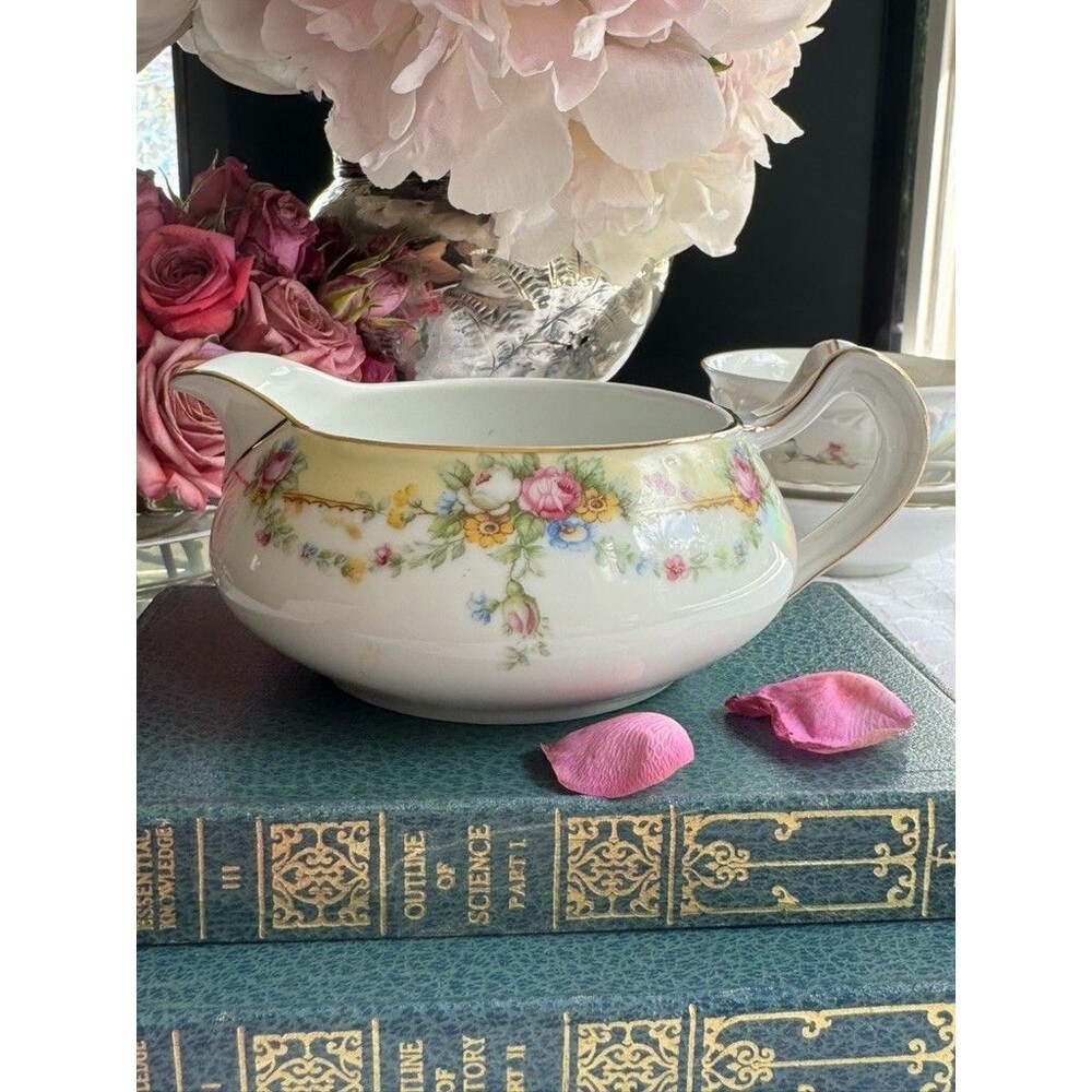 Vintage TK Thun Bohemia Floral Porcelain Gravy Boat Creamer Pink Roses Gold Trim